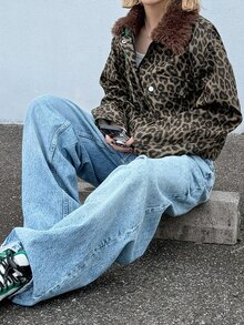 FRIFUL Women's Fashion Street 90s Retro Streetwear Leopard Print Zipper Denim Jacket Nightout Grey Leopard Print Fall - Brown - View 5
