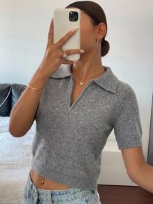 Livesso 女式修身短袖 Polo 领拉链针织上衣，休闲纯色，秋季服装 - 灰色 - 查看 4