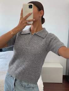 Livesso 女式修身短袖 Polo 领拉链针织上衣，休闲纯色，秋季服装 - 灰色 - 查看 5