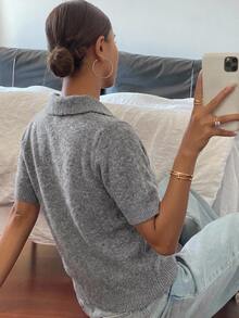 Livesso 女式修身短袖 Polo 领拉链针织上衣，休闲纯色，秋季服装 - 灰色 - 查看 2
