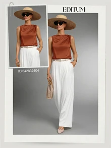 Editum Women's Regular Pleated Satin Sleeveless Blouse,Summer Top - Rust Brown - View 4