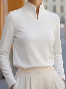 Levarali 女款高領開領長袖空氣層通勤T恤上衣 商業休閒 極簡優雅 辦公室穿搭 米白色 秋季 - 白色 - 查看 4