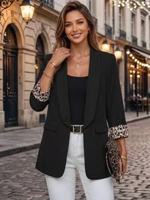Editum Leopard Print Shawl Collar Open Front Blazer In Fall/Winterelegantcasualgraphic Spring Summer Elegant Formal Black, Autumn/Winter - Black - View 1