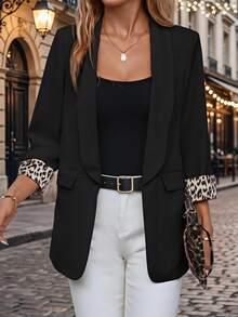 Editum Leopard Print Shawl Collar Open Front Blazer In Fall/Winterelegantcasualgraphic Spring Summer Elegant Formal Black, Autumn/Winter - Black - View 8