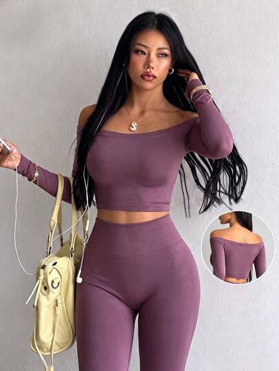 Dewbera Dewbera Seamless Sports Yoga Off-Shoulder Long Sleeve Cropped Length Leggings Set