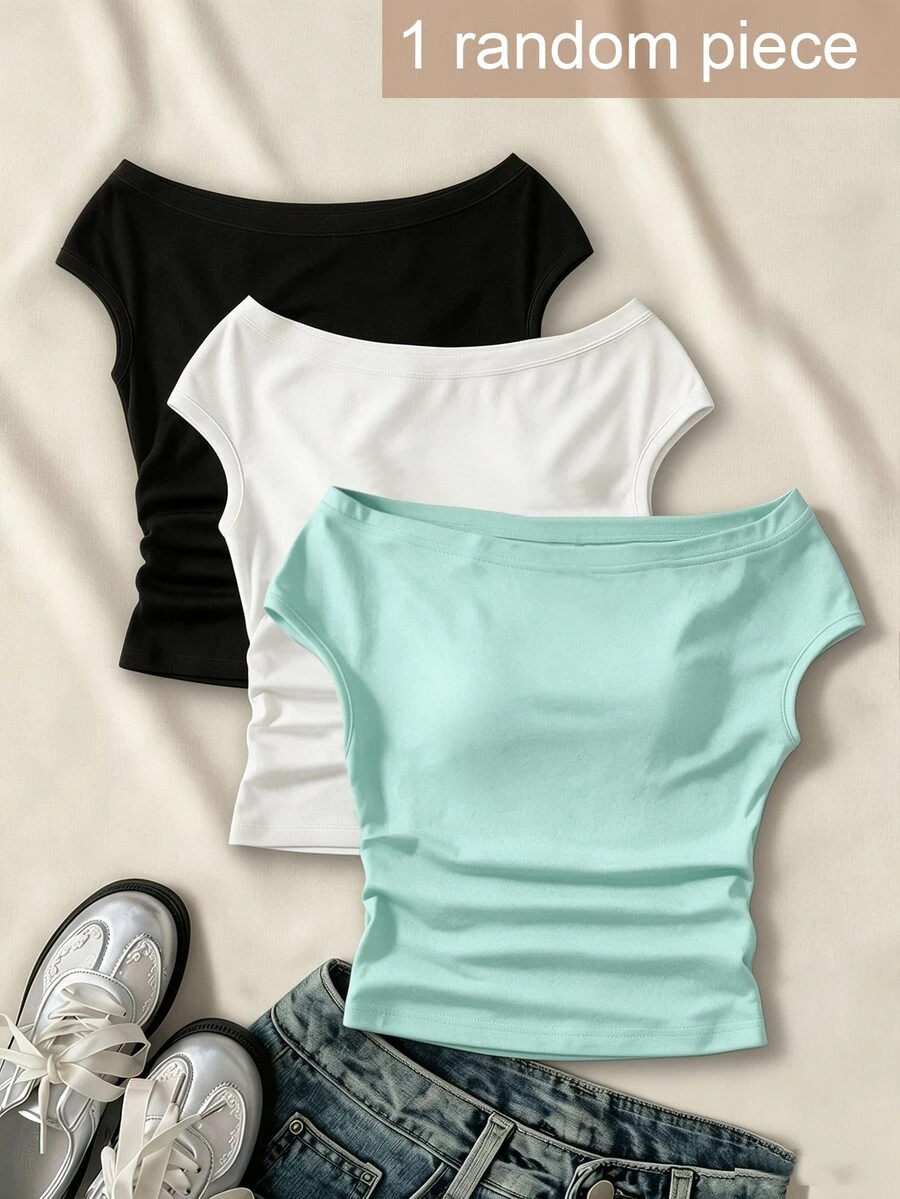 SHEIN Spring/Summer Minimalist Cold Shoulder T-Shirt For Tween Girls, Sleeveless Top, Soft High-Stretch Knit Fabric - Blue - View 1