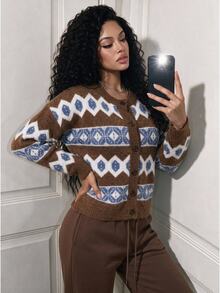 BamGleam Autumn/Winter Fashion Multi-Color Crew Neck Cardigan Sweater Daily Wear, Casual, Casual Style - Multicolor - View 2