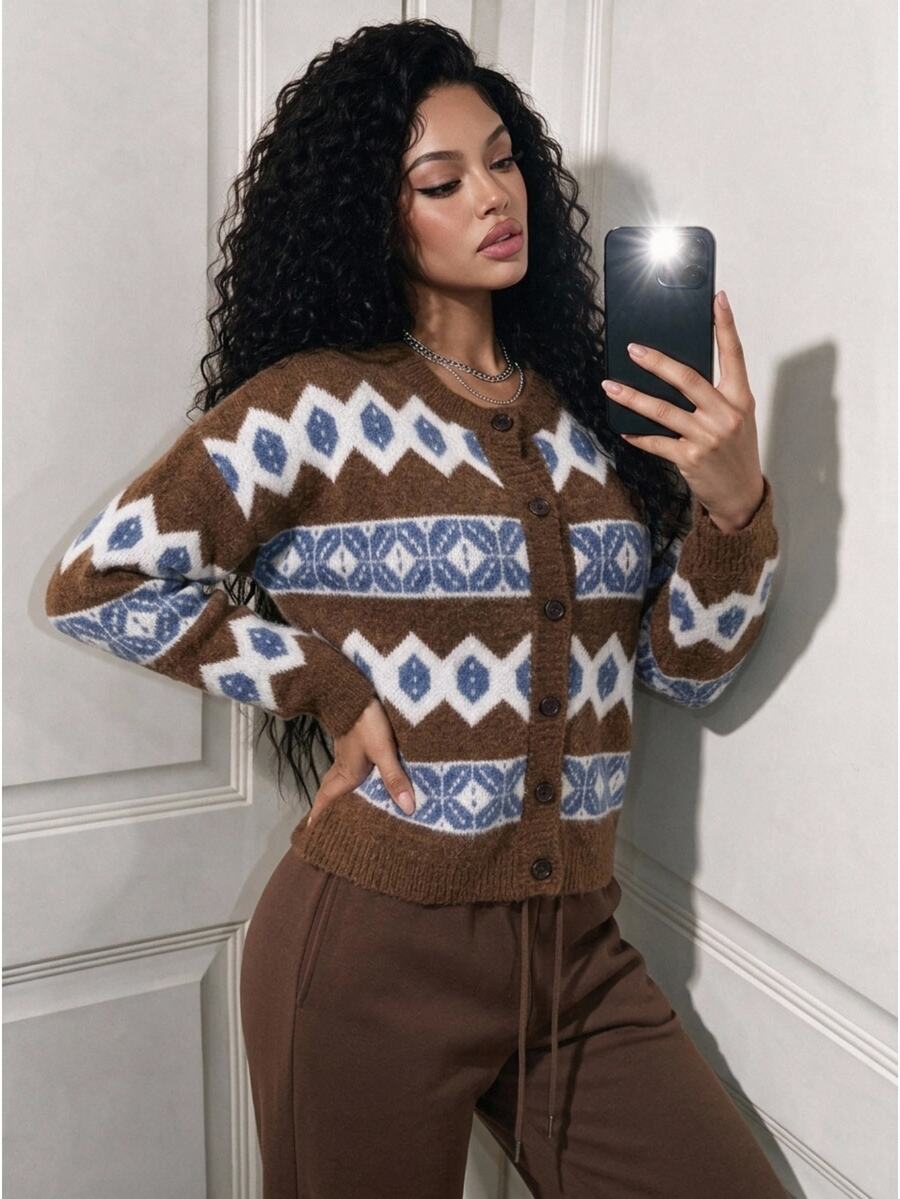 BamGleam Autumn/Winter Fashion Multi-Color Crew Neck Cardigan Sweater Daily Wear, Casual, Casual Style