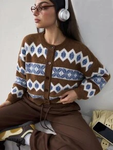 BamGleam Autumn/Winter Fashion Multi-Color Crew Neck Cardigan Sweater Daily Wear, Casual, Casual Style - Multicolor - View 8