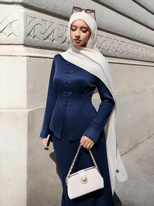 Graceveil Women's Woven Winter Shiny Fabric Long Sleeve Frog Button Elegant Navy Blue Romantic Outing Matching 2 Pieces Set Party Christmas Halloween - Navy Blue - View 9