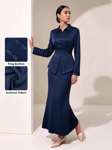 Graceveil Women's Woven Winter Shiny Fabric Long Sleeve Frog Button Elegant Navy Blue Romantic Outing Matching 2 Pieces Set Party Christmas Halloween - Navy Blue - View 5