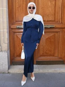 Graceveil Women's Woven Winter Shiny Fabric Long Sleeve Frog Button Elegant Navy Blue Romantic Outing Matching 2 Pieces Set Party Christmas Halloween - Navy Blue - View 8
