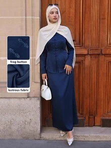 Graceveil Women's Woven Winter Shiny Fabric Long Sleeve Frog Button Elegant Navy Blue Romantic Outing Matching 2 Pieces Set Party Christmas Halloween - Navy Blue - View 4