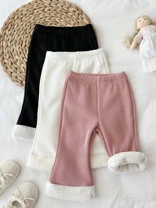 SHEIN 3件組幼女喇叭褲，可愛甜美白色粉色黑色，羅紋針織毛絨收口毛茸茸下擺，生日派對春季純色羅紋針織修身腿部版型 - 彩色 - 查看 2