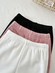 SHEIN 3件組幼女喇叭褲，可愛甜美白色粉色黑色，羅紋針織毛絨收口毛茸茸下擺，生日派對春季純色羅紋針織修身腿部版型 - 彩色 - 查看 8