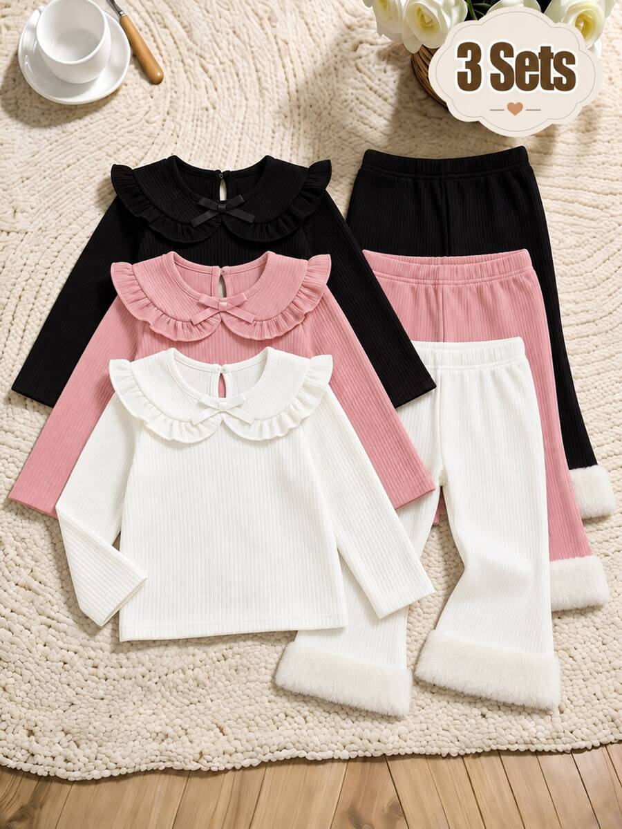 SHEIN 3件組幼女喇叭褲，可愛甜美白色粉色黑色，羅紋針織毛絨收口毛茸茸下擺，生日派對春季純色羅紋針織修身腿部版型 - 彩色 - 查看 1