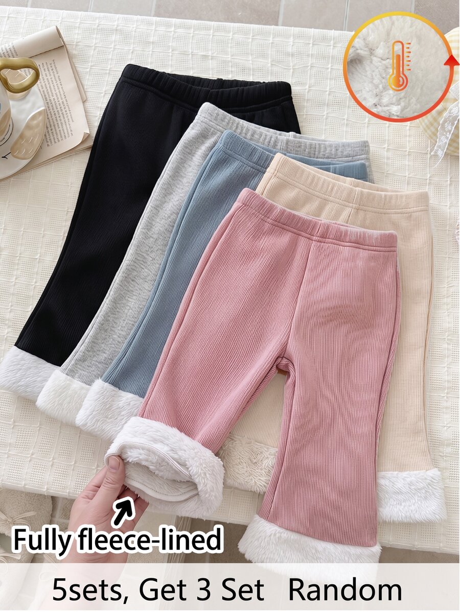 SHEIN 3 قطع بنطلون واسع الساق للبنات الصغيرات، لطيف وحلو، أبيض وردي أسود، محبوك مضلع، أساور مخملية، حافة ناعمة، لحفلة عيد الميلاد، ربيع، لون موحد، محبوك مضلع، قصة ساق ضيقة - متعدد الألوان - مشاهدة 1