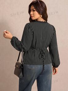 Elaquor Plus Size Elegant Striped Print V-Neck Long Sleeve Autumn Blouse - Multicolor - View 2