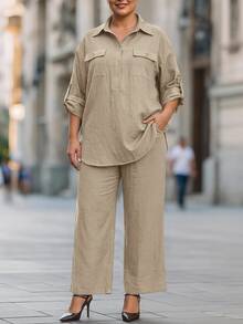 Chikora Plus Size Button Half-Placket Minimalist Elegant Traditional Casual Top Loose Pocket Pants Set Vacation Office Travel Formal Khaki Autumn Fall - Khaki - View 3