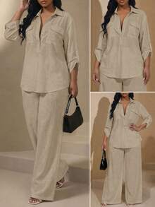 Chikora Plus Size Button Half-Placket Minimalist Elegant Traditional Casual Top Loose Pocket Pants Set Vacation Office Travel Formal Khaki Autumn Fall - Khaki - View 5