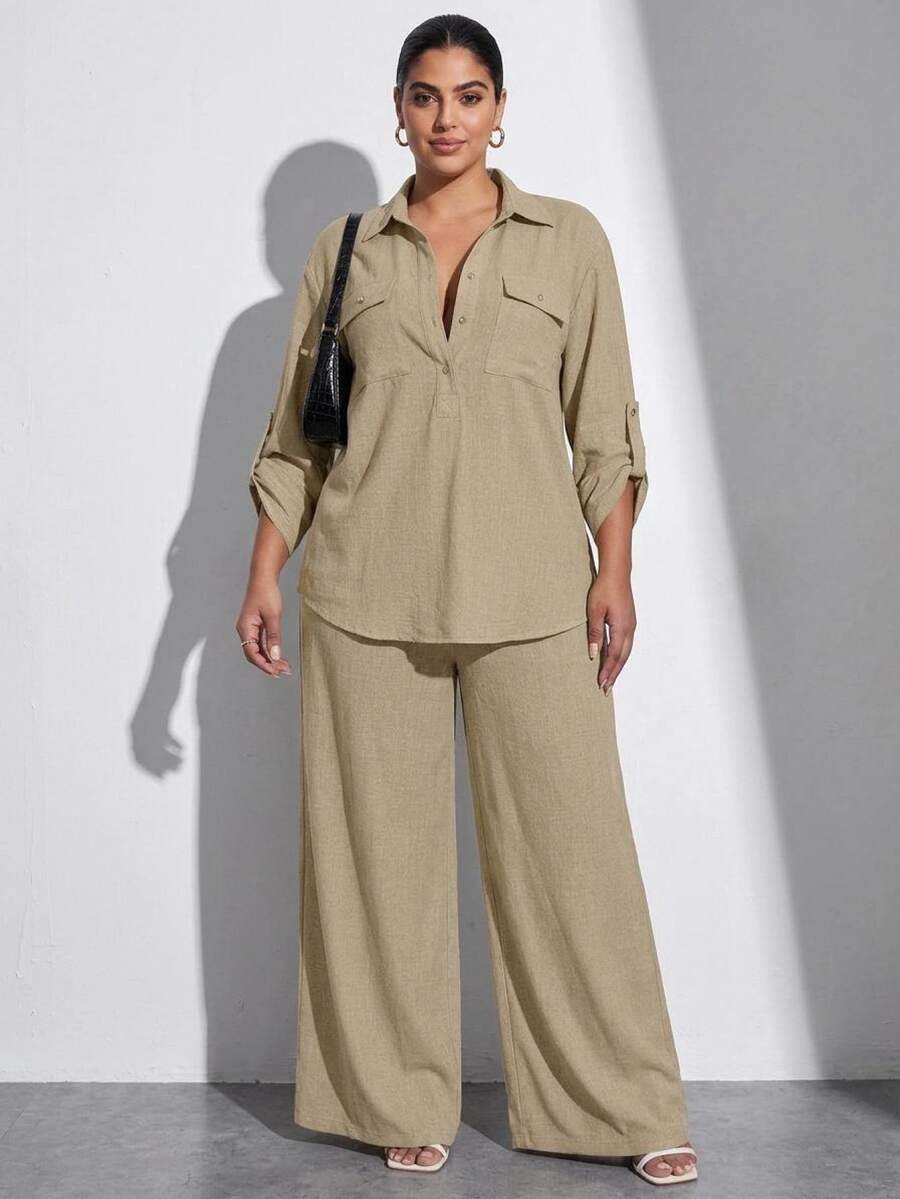 Chikora Plus Size Button Half-Placket Minimalist Elegant Traditional Casual Top Loose Pocket Pants Set Vacation Office Travel Formal Khaki Autumn Fall - Khaki - View 1