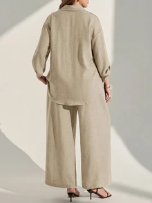 Chikora Plus Size Button Half-Placket Minimalist Elegant Traditional Casual Top Loose Pocket Pants Set Vacation Office Travel Formal Khaki Autumn Fall - Khaki - View 6