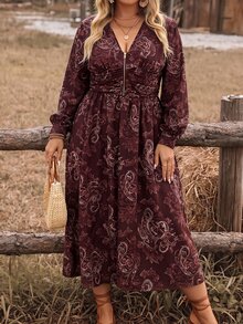 SHEIN LUNE CURVE Women's Plus Size Autumn/Winter French Vintage Print V-Neck Zipper Waist Ruched Cinched Long Sleeve A-Line Dress, Suitable For Friends Gathering, Office Commute, Daily Wear - Multicolor - View 5