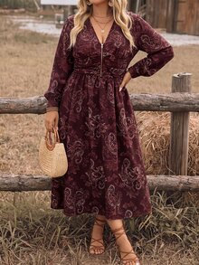 SHEIN LUNE CURVE Women's Plus Size Autumn/Winter French Vintage Print V-Neck Zipper Waist Ruched Cinched Long Sleeve A-Line Dress, Suitable For Friends Gathering, Office Commute, Daily Wear - Multicolor - View 7