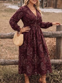 SHEIN LUNE CURVE Women's Plus Size Autumn/Winter French Vintage Print V-Neck Zipper Waist Ruched Cinched Long Sleeve A-Line Dress, Suitable For Friends Gathering, Office Commute, Daily Wear - Multicolor - View 4
