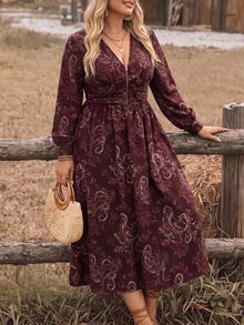 SHEIN LUNE CURVE Women's Plus Size Autumn/Winter French Vintage Print V-Neck Zipper Waist Ruched Cinched Long Sleeve A-Line Dress, Suitable For Friends Gathering, Office Commute, Daily Wear - Multicolor - View 3