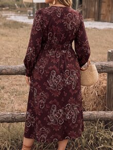 SHEIN LUNE CURVE Women's Plus Size Autumn/Winter French Vintage Print V-Neck Zipper Waist Ruched Cinched Long Sleeve A-Line Dress, Suitable For Friends Gathering, Office Commute, Daily Wear - Multicolor - View 2