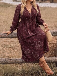 SHEIN LUNE CURVE Women's Plus Size Autumn/Winter French Vintage Print V-Neck Zipper Waist Ruched Cinched Long Sleeve A-Line Dress, Suitable For Friends Gathering, Office Commute, Daily Wear - Multicolor - View 1
