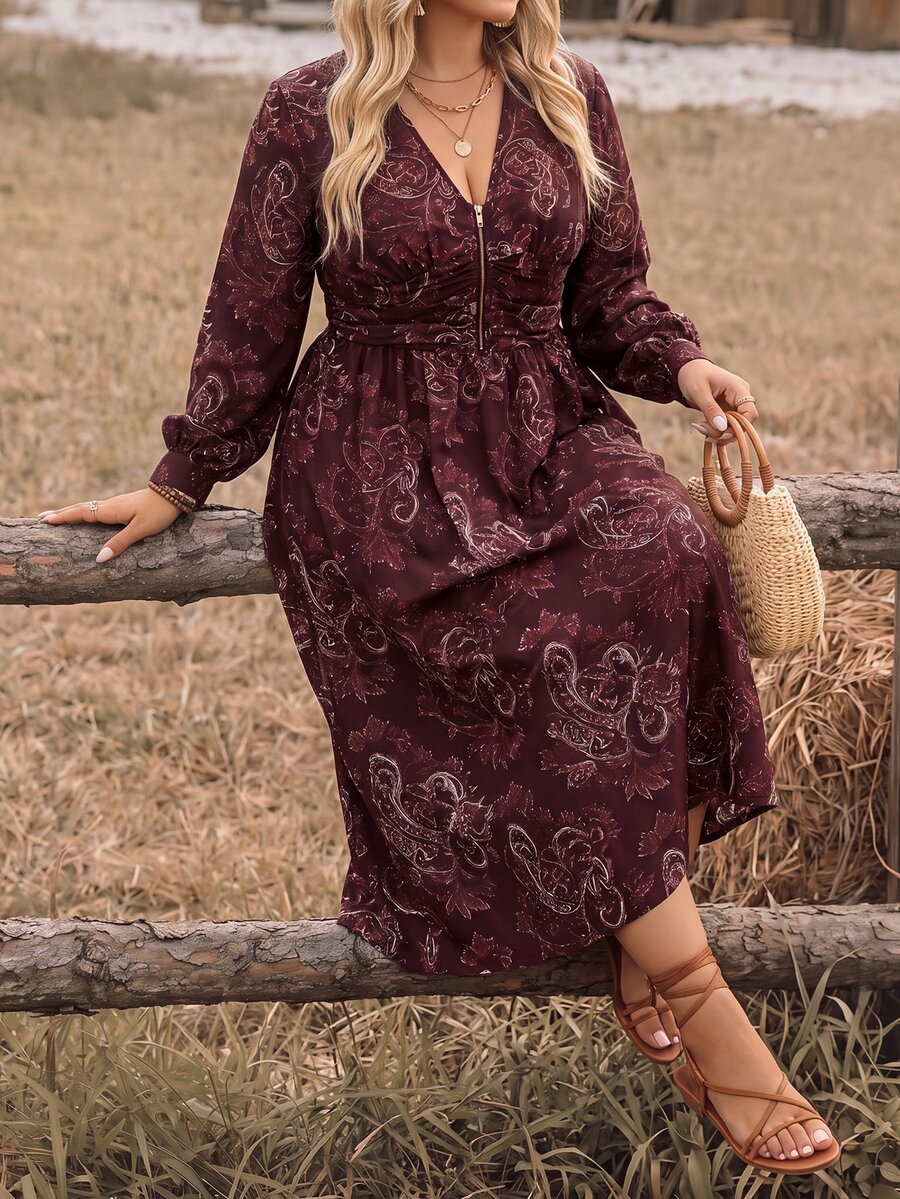 SHEIN LUNE CURVE Women's Plus Size Autumn/Winter French Vintage Print V-Neck Zipper Waist Ruched Cinched Long Sleeve A-Line Dress, Suitable For Friends Gathering, Office Commute, Daily Wear - Multicolor - View 1