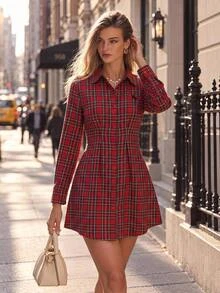 SHEIN Clasi 女款街頭風格格紋鈕扣時尚洋裝 - 紅色 - 查看 3