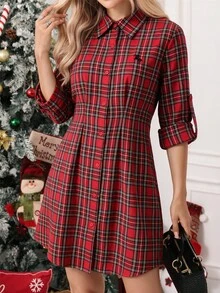 SHEIN Clasi 女款街頭風格格紋鈕扣時尚洋裝 - 紅色 - 查看 8