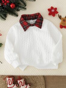 SHEIN Baby Boy Sweatshirt Pullover Cute Vintage Red And White Cable Knit Plaid Collar Long Sleeve Regular Christmas Party School Fall Winter Holiday - Grey - View 7