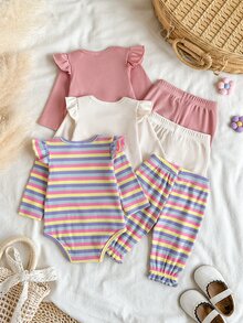 SHEIN 6件組幼兒女嬰連身褲褲子套裝，可愛粉色白色多色條紋花卉羅紋針織短袖圓領按扣拼接修身款花朵蝴蝶結 - 彩色 - 查看 2
