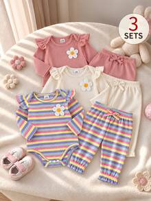 SHEIN 6件組幼兒女嬰連身褲褲子套裝，可愛粉色白色多色條紋花卉羅紋針織短袖圓領按扣拼接修身款花朵蝴蝶結 - 彩色 - 查看 1