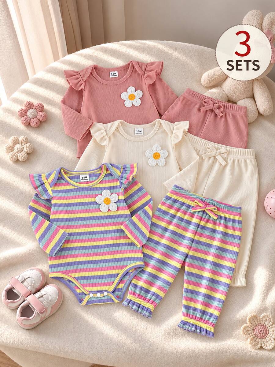 SHEIN 6件組幼兒女嬰連身褲褲子套裝,可愛粉色白色多色條紋花卉羅紋針織短袖圓領按扣拼接修身款花朵蝴蝶結 - 彩色 - 查看 1