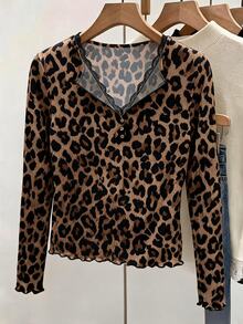 Rusticease Women's Autumn Leopard Print Lace T-Shirt,Leopard, Elegant Top For Fall/Winter Parties And Outings,Fall Clothes For Women,Casual Blouses For Ladies , - Multicolor - View 7