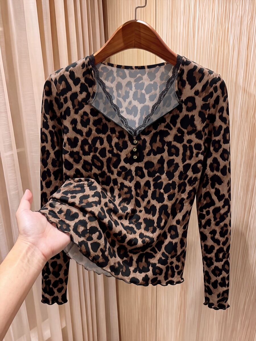 Rusticease Women's Autumn Leopard Print Lace T-Shirt,Leopard, Elegant Top For Fall/Winter Parties And Outings,Fall Clothes For Women,Casual Blouses For Ladies , - Multicolor - View 1