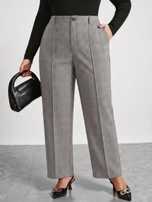 Chikora Plus Size Casual Commuter Plaid High-Waist Suit Pants - Black and White - View 1
