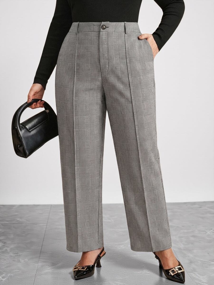 Chikora Plus Size Casual Commuter Plaid High-Waist Suit Pants - Black and White - View 1
