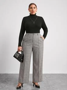 Chikora Plus Size Casual Commuter Plaid High-Waist Suit Pants - Black and White - View 3