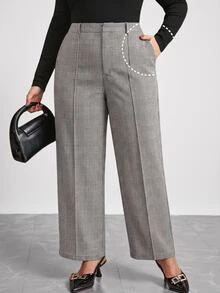 Chikora Plus Size Casual Commuter Plaid High-Waist Suit Pants - Black and White - View 7