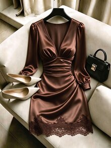 SHEIN Women's Elegant Sexy Deep V-Neck Satin Dress, Ruched Waist Design, Patchwork Vintage Lace Hem, New Year Cocktail Night Out Chocolate Brown Fall - Brown - View 7