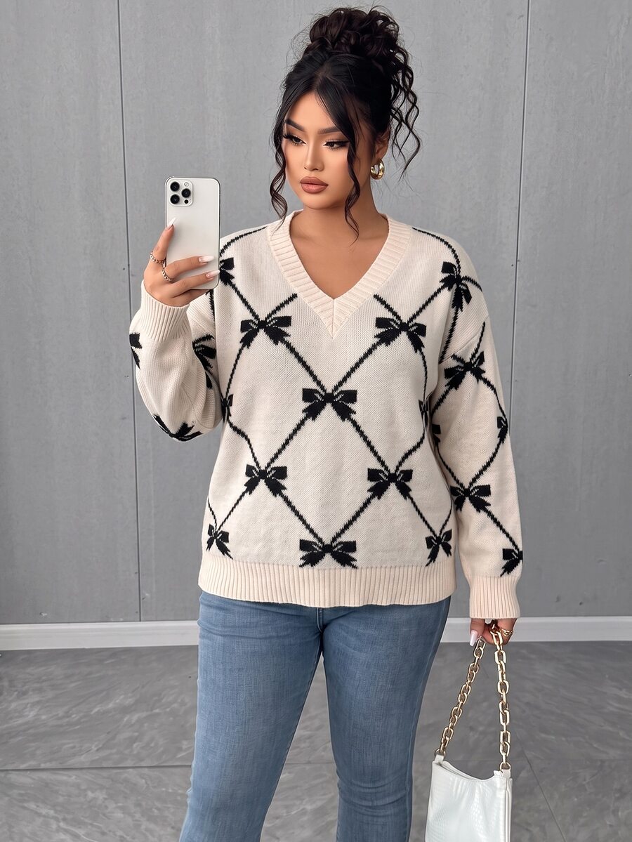 Elenzga Plus Size V-Neck Pullover Long Sleeve Sweater, Argyle Bow Soft Knit Loose Top, Autumn/Winter - Apricot - View 1
