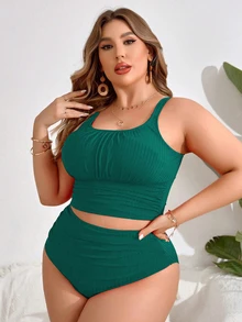 SHEIN Swim Curve 2pcs Plus Size Women Solid Color Casual Vacation Spaghetti Strap Camisole Bikini For Summer - Green - View 4