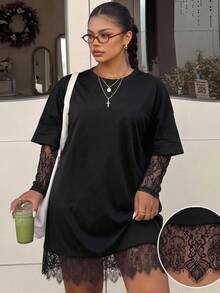 Muchica Plus Size Women Solid Color Contrast Lace 2 In 1 Dress Fall Halloween Going Out Party Black Goth - Black - View 1