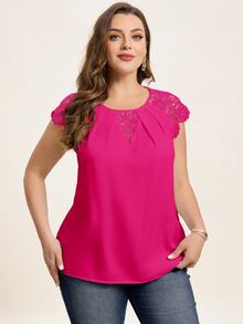 Chikora 大码度假休闲纯色蕾丝拼布衬衫 - 玫紅色 - 查看 5